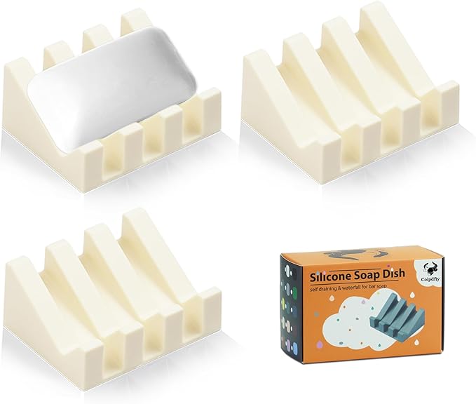 Self Draining Soap Dish Holder,Silicone Soap Dish,for Bathroom,Kitchen, Sponges，Can Extend Soap Life，Keep Soap Bars Dry and Easy Cleaning (N-Cream White,3-Pack)