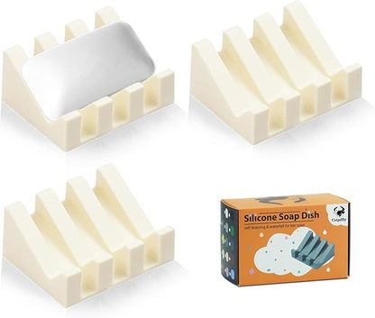 Self Draining Soap Dish Holder,Silicone Soap Dish,for Bathroom,Kitchen, Sponges，Can Extend Soap Life，Keep Soap Bars Dry and Easy Cleaning (N-Cream White,3-Pack)