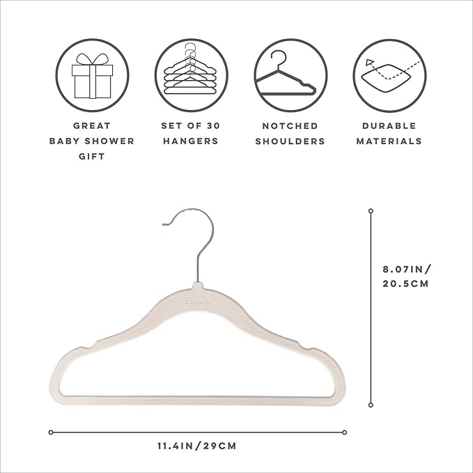 3 Sprouts Velvet Baby Hangers - Non-Slip Hangers for Infant and Toddler Clothes - Slim Space-Saving Design with Nordic Colors for Nursery - 30 Pack - Assorted Cream, Grey, Hazelnut