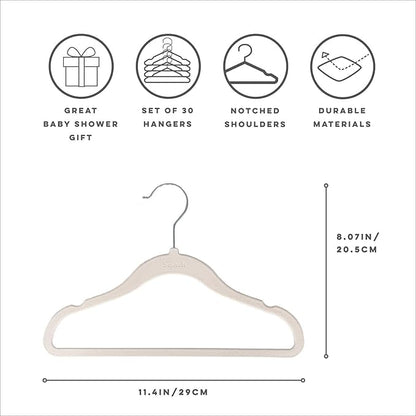 3 Sprouts Velvet Baby Hangers - Non-Slip Hangers for Infant and Toddler Clothes - Slim Space-Saving Design with Nordic Colors for Nursery - 30 Pack - Assorted Cream, Grey, Hazelnut