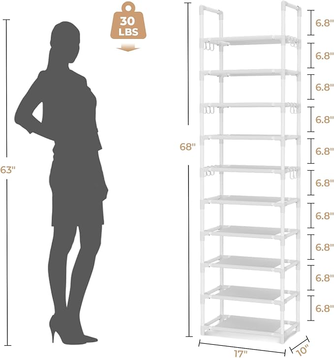 VTRIN 10 Tiers Tall Shoe Rack Holds 20-25 Pairs of Shoes Sturdy Vertical Shoe Organizer with 18pcs Hooks Stackable Narrow Shoe Rack for Closet, Entryway White