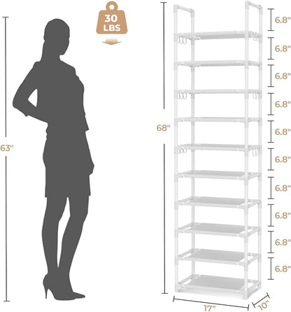 VTRIN 10 Tiers Tall Shoe Rack Holds 20-25 Pairs of Shoes Sturdy Vertical Shoe Organizer with 18pcs Hooks Stackable Narrow Shoe Rack for Closet, Entryway White