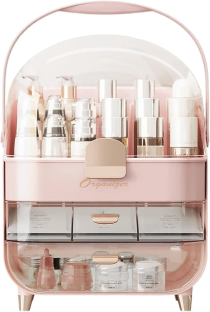Makeup Organizer, Skincare Organizers with Clear Lid & 2 Drawers and 360° Rotating Brush Holder