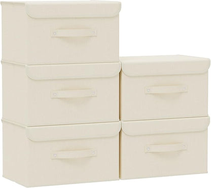 Fabric Storage Bins Cube Organizers with Flip-Top Lid and Handles,Storage Boxes for Organizing Home,Office,and Closet,Beige,5 Pack 13 X 9.1 X 7.9 in