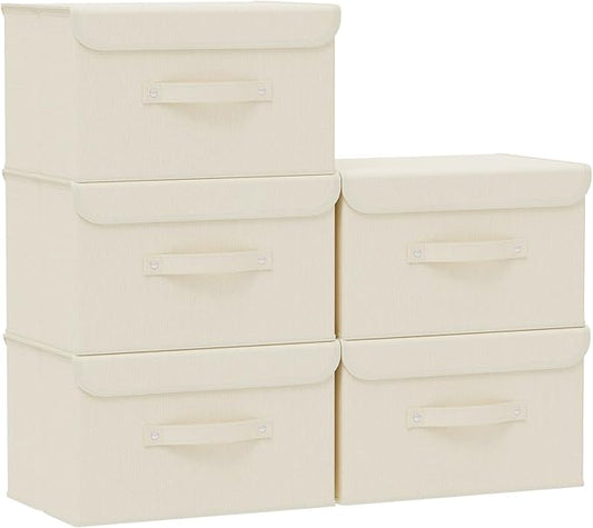 Fabric Storage Bins Cube Organizers with Flip-Top Lid and Handles,Storage Boxes for Organizing Home,Office,and Closet,Beige,5 Pack 13 X 9.1 X 7.9 in