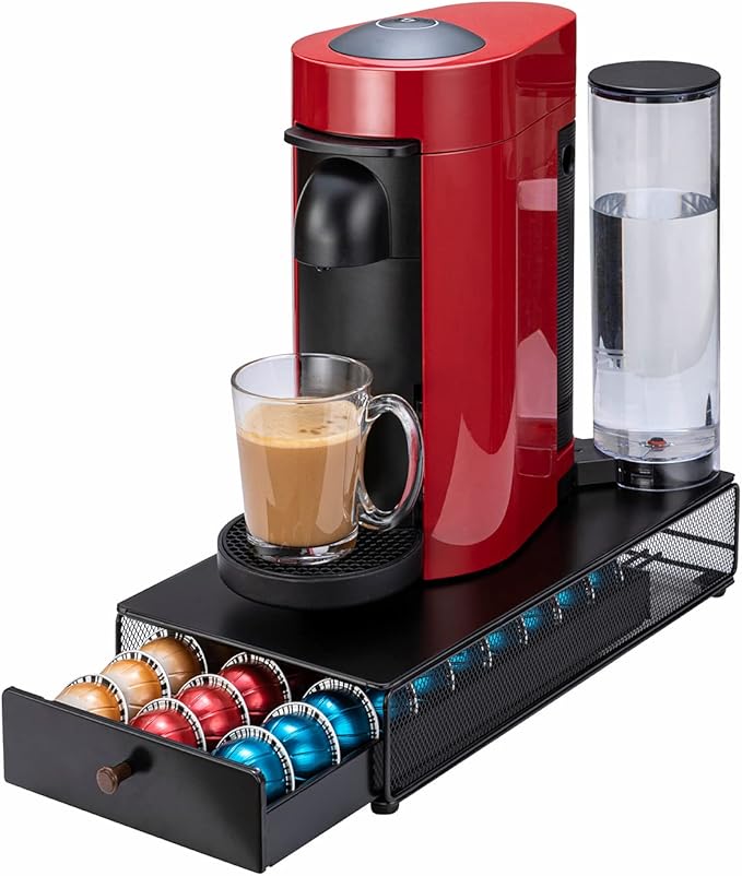 Coffee Pod Drawer Organizer for Nespresso Vertuo, 30 Pods Coffee Pod Holder, Coffee Pods Organizer with Mesh Shelves Black Metal