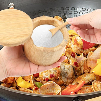 Magnetic Rotating Lid Bamboo Spice Jar with Built in Spoon, 6oz Salt Cellar Small Sal-t Box, Kitchen Salt Pepper Shaker, Easy-Pour Spice Dispenser for Sugar, Herbs, Seasonings(COLOR:Wood)