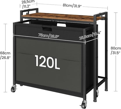 CHOEZON Laundry Sorter, Laundry Hamper with Storage Shelf, Mobile 2-in-1 Basket Organizer, 120 L Rolling Hamper, Large Bags and Movable Wheels, Metal Frame, Rustic Brown and Black TXY01BF