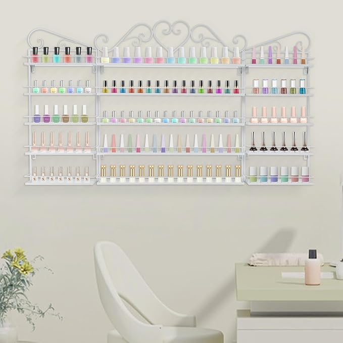 5 Tiers Wall-Mounted Nail Polish Storage Racks Metal Nail Polish Holder Cosmetic Display Case Lipstick Perfume Wall-Mounted Shelf for Home Spa Nail Salon Shop