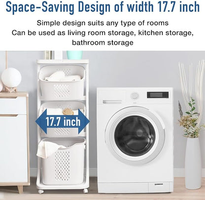 Japard 108 Liters Vertical Rolling Laundry Compact Hamper Ultra Slim, 4 Sorter Cart with Wheels and Breaks, 4-tier Baskets Detachable for Small Space, Dorm, Closet, Bathroom, Easy Assembly White Gray