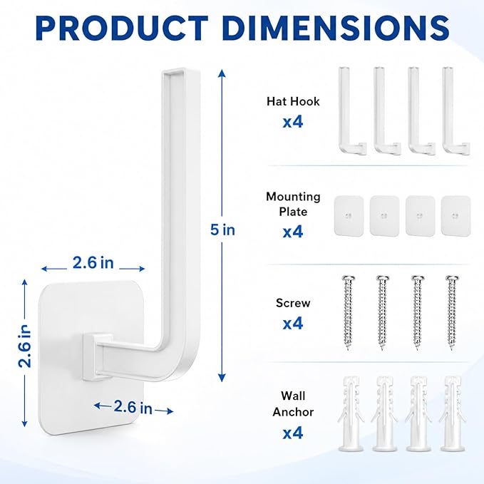 Hat Organizer 4 Pack, Hat Rack for Baseball Caps Holds 10+ Caps Each, Hat Hooks for Wall, Strong Adhesive & Screw Mount Hat Holder, Space Saving Storage for Closet Door Bedroom, RV Accessories, White