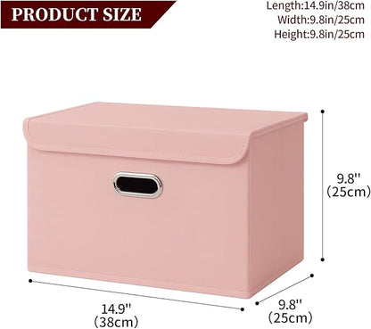 STOREONE Fabric Storage Cube Bins Foldable Organizer Container Collapsible Basket with Lids and Metal Handles, for Home, Bedroom, Closet 3 Pcs (multicolour-pink)
