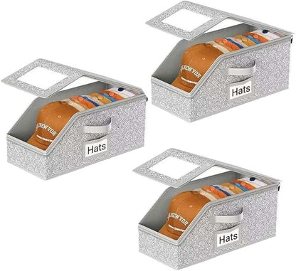 Hat Organizer for Baseball Caps, Stackable Hat Storage Box with Clear Window Lid, Baseball Cap Organizer for Closet, Breathable Cap Holder Container for Snapback, Trucker & Fitted Hats (3PCS)
