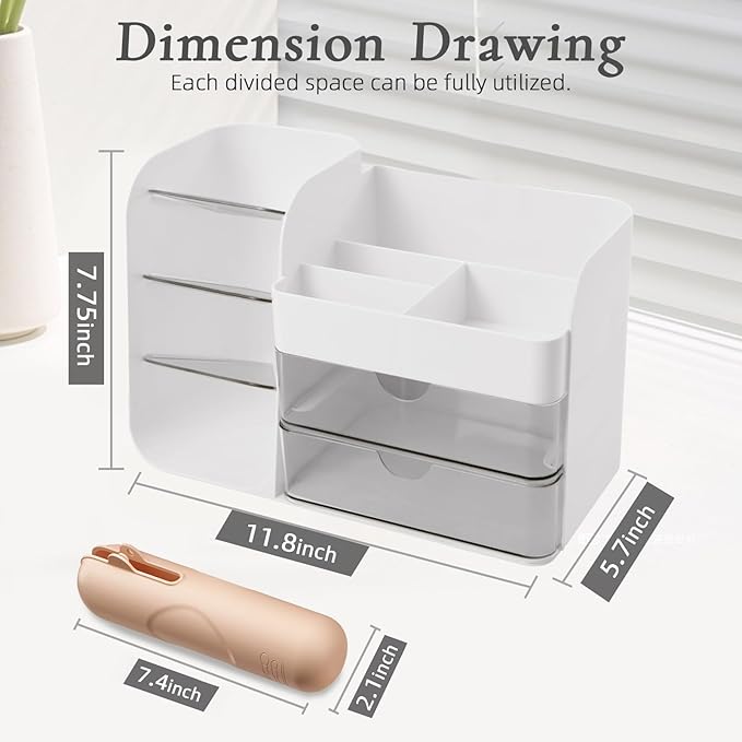 Makeup Organizer Countertop with Drawers, Cosmetic Organizer with Travel Makeup Brush Holder, Skincare Organizer & Storage with Drawers for Bathroom, Beauty Essentials, Eyeshadow (white)
