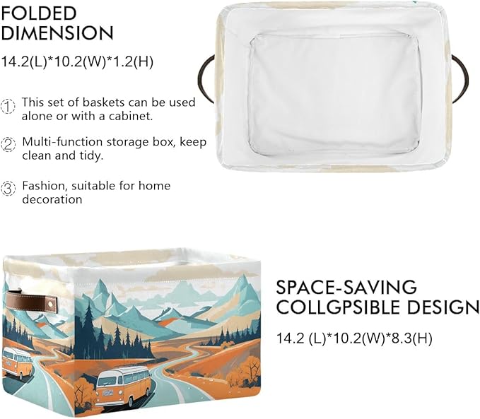 Storage Basket Vintage Camper Van Durable Canvas Collapsible Toy Box Organizer Bin with Handles for Shelf Closet Bedroom Home Office