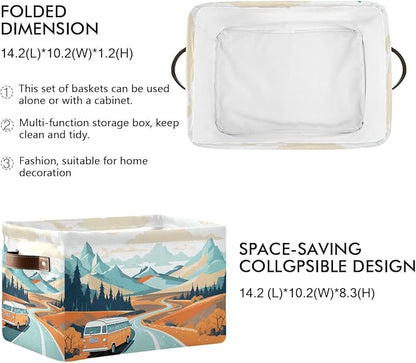 Storage Basket Vintage Camper Van Durable Canvas Collapsible Toy Box Organizer Bin with Handles for Shelf Closet Bedroom Home Office