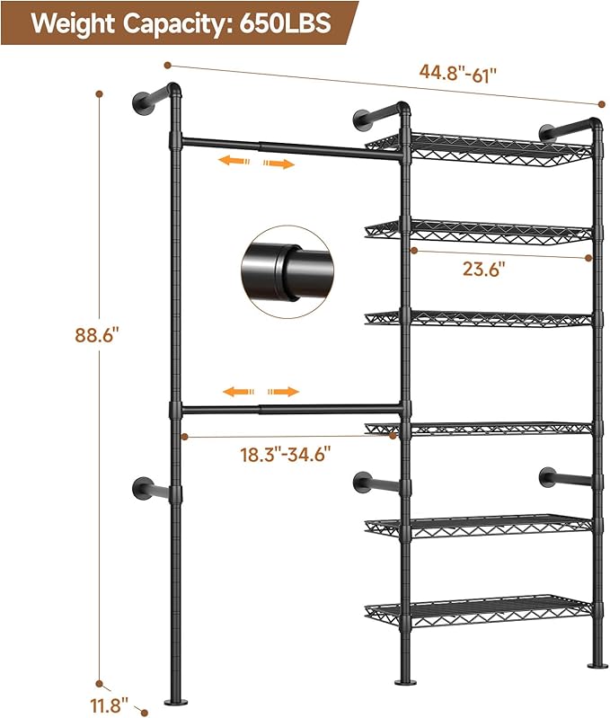 Wall Mounted Garment Rack, Walk-in Closet System with Expandable Rods, Adjustable Shelves, Industrial Pipe Clothing Racks, Hanging Clothes Organizers and Storage, Metal Closet Shelving Wardrobe
