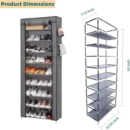 LIKOVSCI 10 Tier 27-Pairs Shoe Rack Tool Free Easy Assembled Shoe Shelf Storage Organizer with Dustproof Nonwoven Fabric Cover (Gray, 9-Tier)