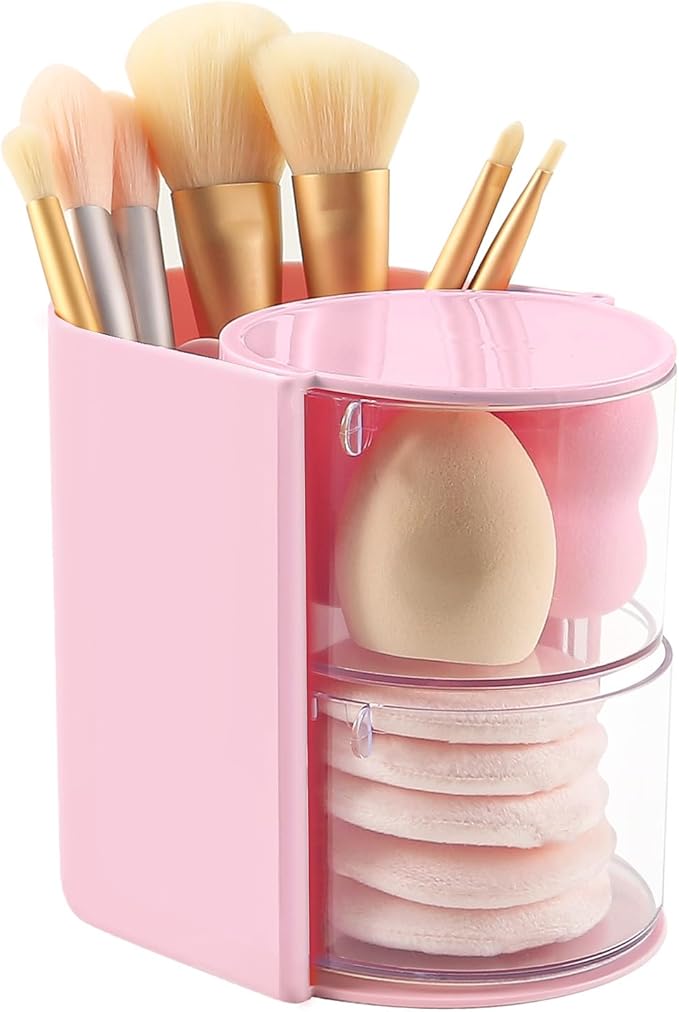 DASITON 2-Layer Makeup Brush Holder with Hair Accessories Organizer, Rotatable Desktop Organizer Case for Hair Clip, Makeup Sponge, Jewelry and Hair Accessories, Hair Brush Holder for Vanity (Pink)