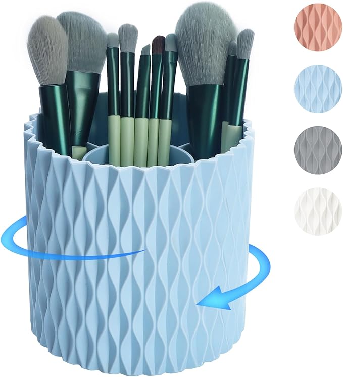 Makeup Brush Holder Organizer-360° Rotating Makeup Brush Storage,Pencil Pen Holder Cup,Desk Accessories,5 Slot Make up Brushes Cup, for Vanity Desktop Bathroom Countertop (Light Blue)