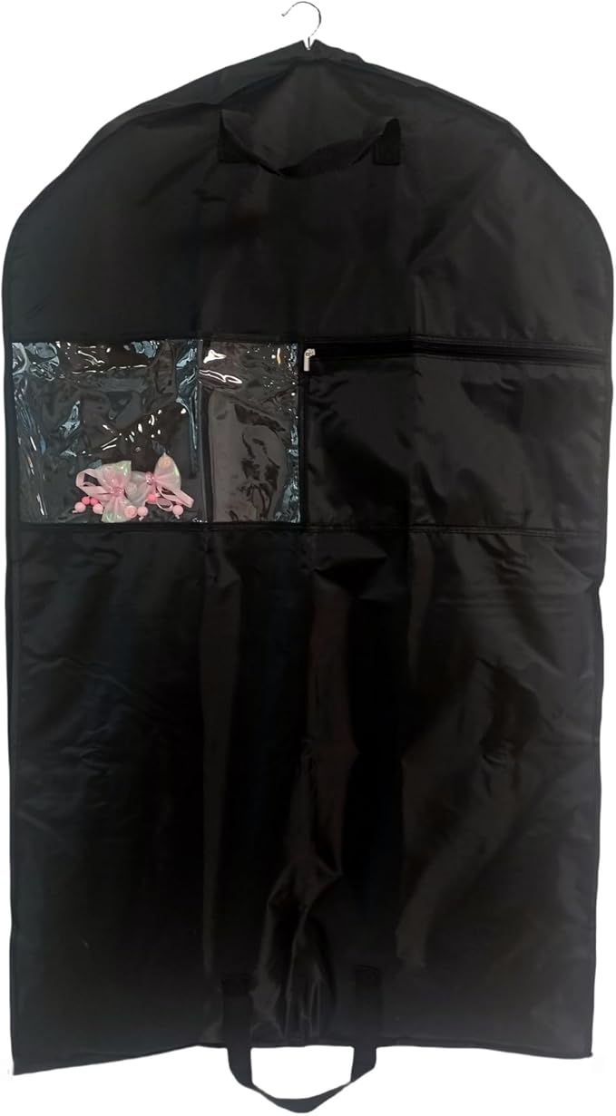 Dance Costume Garment Bag for Travel with Handles, 39 Inch Garment Bag for Dance Competitions, Kids Hanging Clothes Cover for Girls Closet Storage with 4 Zippered Pockets (Black-1 Pack)