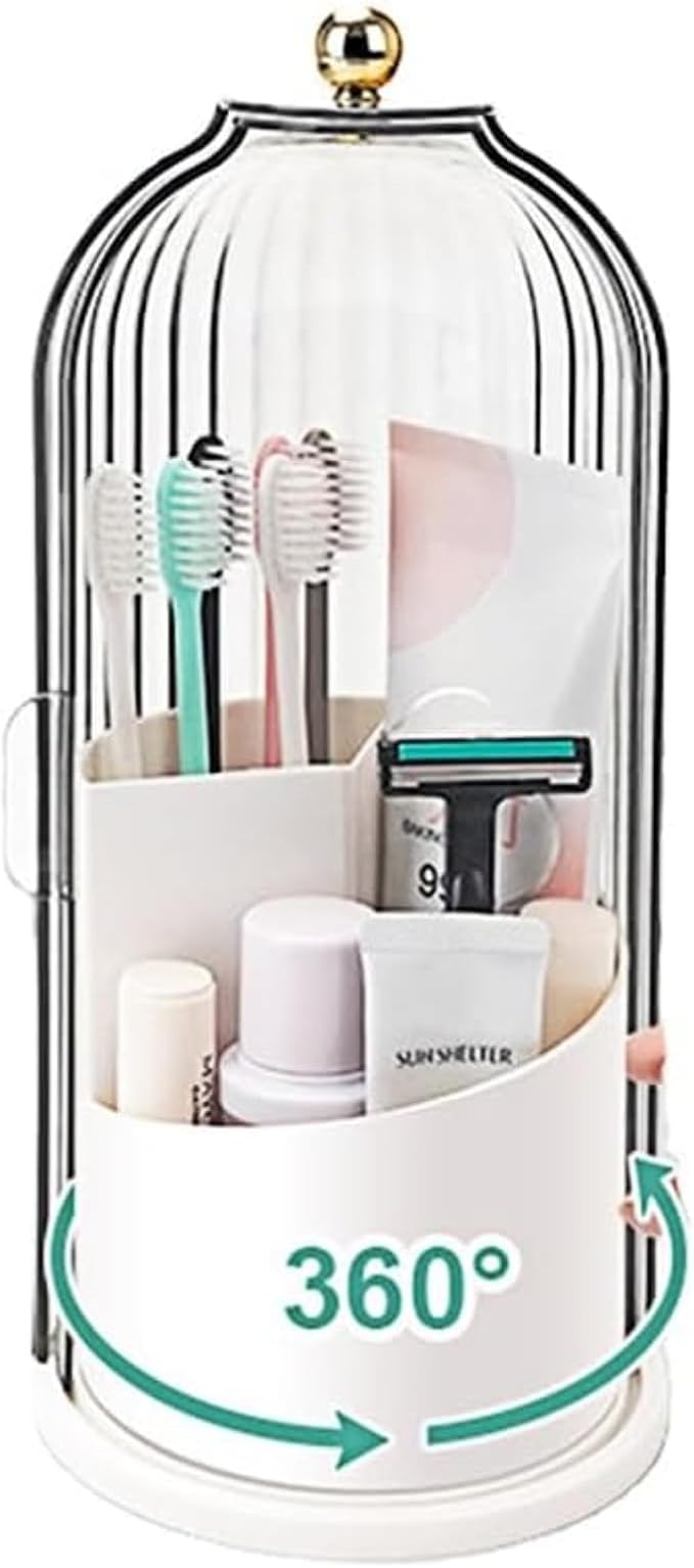 Rotating Toothbrush and Makeup Brush Holder Organizer with Sliding Lid - 3 Slots, 360° Rotating Bathroom Countertop Organizer, Toothbrush and Toothpaste Stand, Sink and Vanity Storage Caddy (White)