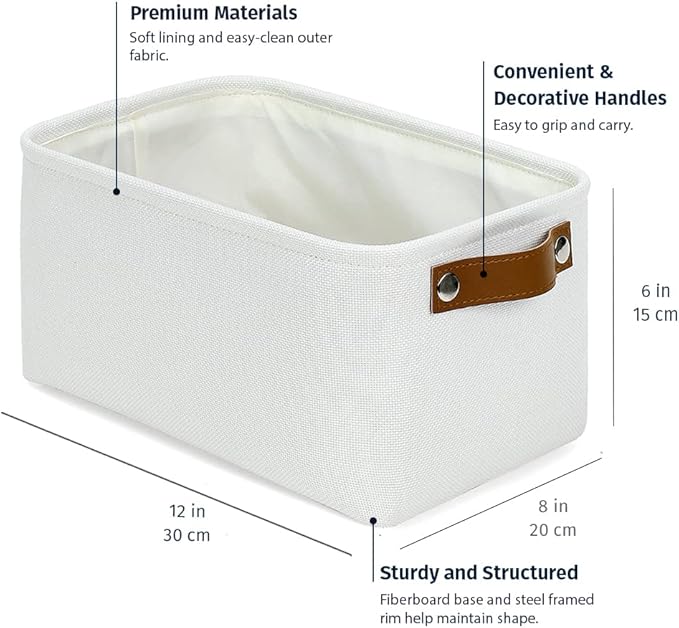 OrganiHaus 12x8in Canvas Storage Baskets 3 Pack | SMALL Fabric Bins for Shelves | Pantry & Bathroom Organizer | Full Off-White