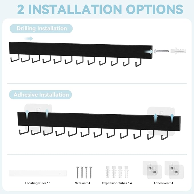 Tie Rack Wall Mount, Adhesive Wooden Closet Tie Hanger with 24 Metal Hooks, Large Capacity, 2 Installation Options, Black, 2 Pcs