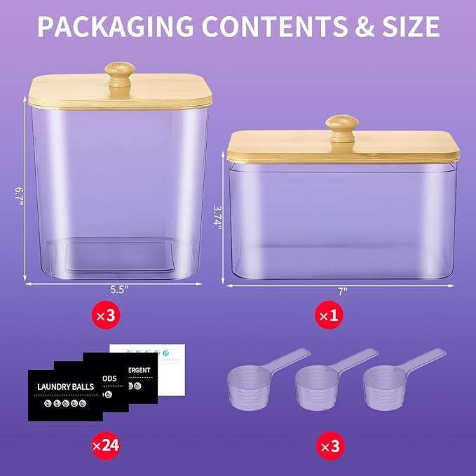 4-Pack Laundry Pods Container, Laundry Room Organization Containers,Large Laundry Detergent Powder Storage Containers with Wooden Lids & Labels,Clear Laundry Pod Holder for Scent Booster/Powder/Pods