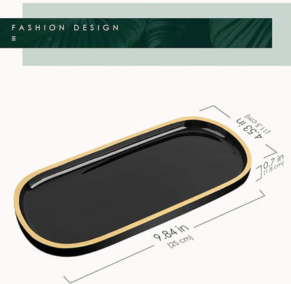 Emibele Jewelry Organizer Oval Resin Tray, Bathroom Kitchen Dresser Vanity Tray Jewelry Dish Ring Holder Cosmetic Organizer for Candle Perfume Soap Shampoo Home Decor - Black & Gold