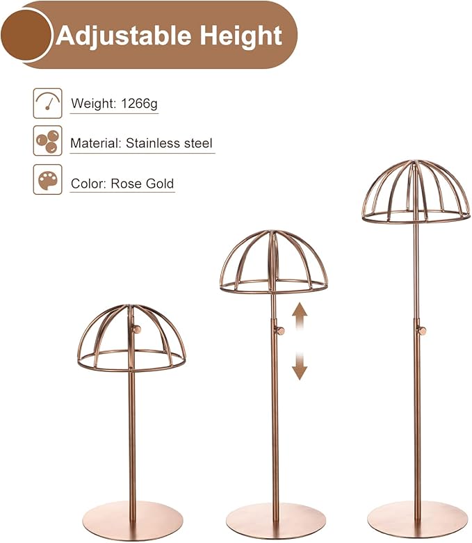 uxcell Metal Hat Display Stand 2 Pack Adjustable Tabletop Hat and Wig Rack Holder for Baseball Cap, Fedora Hat, Cowboy Hat - Rose Gold