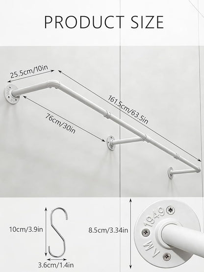 Aduanbang 65.7in Industrial Pipe Wall Mounted Clothes Rack, Heavy Duty Detachable Iron Garment Bar, Rustic Space-Saving Hanging Rod for Bedroom, Closet – White,4 hooks