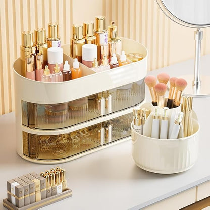 Makeup Organizer for Vanity 360 Rotating Brush Holder Cosmetic Storage with Dustproof Drawer Large Countertop Skincare Display Case for Jewelry Perfume Lotions
