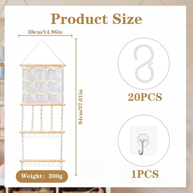 Hair Clip Holder Organizer Macrame Bow Organizer for Girls,Headband Holder Hair Accessories Storage Large Capacity Wall Hanging for Door Bedroom Wardrobe Home Decor (Beige B)