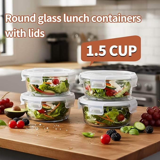 12oz Round Glass Food Containers With Lids, Small Round Glass Meal Prep Containers set,1.5 Cup Small Clear Food Storage Bowls BPA-Free, Microwave, Dishwasher, Freezer Safe（White）