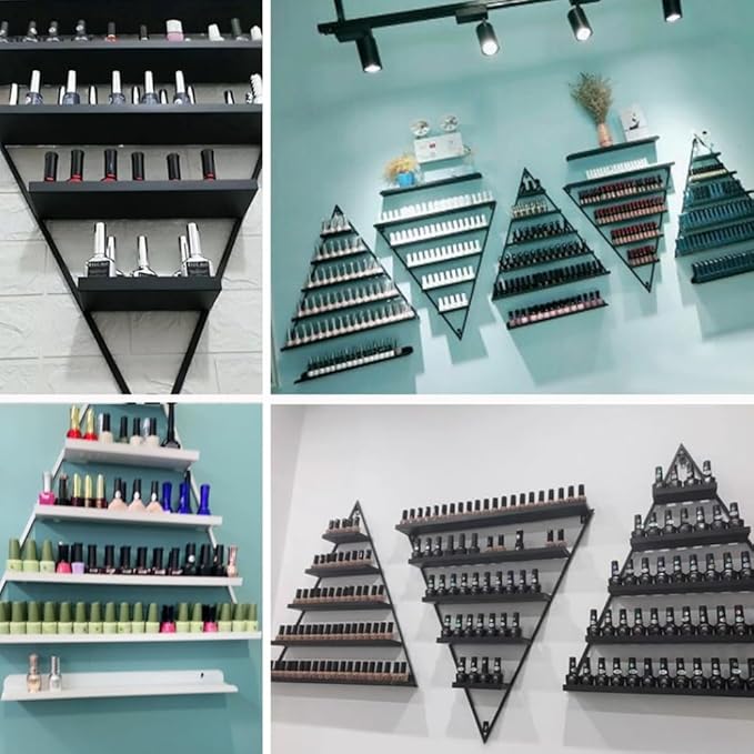 Elegant Wall Mounted Nail Polish Storage Rack Set of 10 Triangular Cosmetic Display Shelves for Essential Oil Bottles, Organize Your Lipsticks and Perfumes in Style at Home or Salon (Black)
