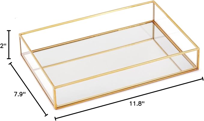 Gold Mirror Decorative Tray Jewelry Perfume Organizer Vanity Tray, Dresser Tray, Bathroom Bedroom Cosmetics Storage, Metal and Glass, Rectangular, 11.8"x7.9"x2"
