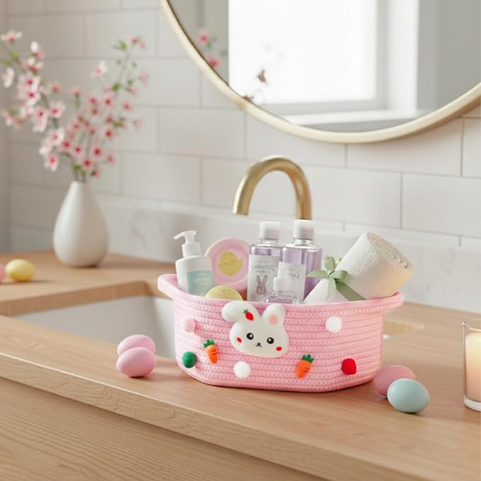 ShellKingdom Empty Gift Basket with Gift Bags and Ribbon, Birthday Basket for Boys Girls, Storage Woven Basket with Handles for Home Organizer, 12 X 8 X 5 INCH, Easter Pink