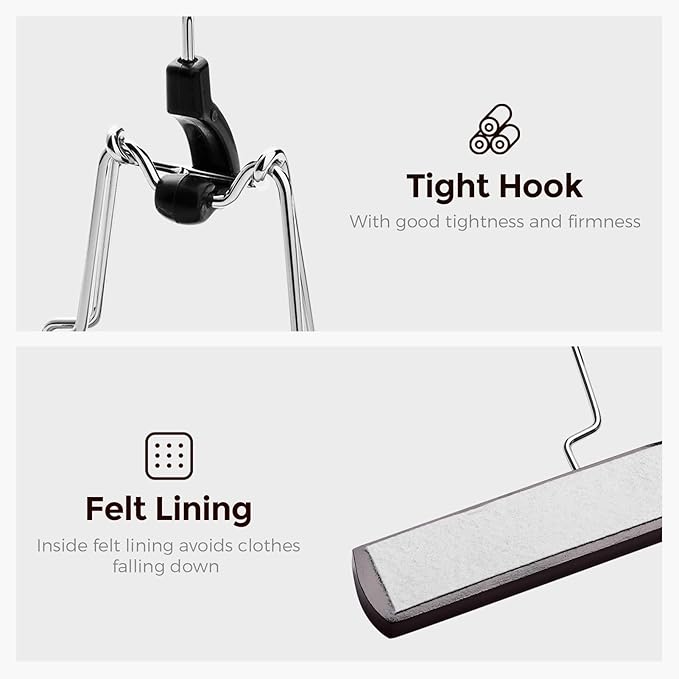 HOUSE DAY Wooden Pants Hangers 10 Pack, Non Slip Wood Skirt Hangers, Wood Jeans/Slack Hanger with 360° Swivel Hook, Clamp Hanger for Skirts, Slacks
