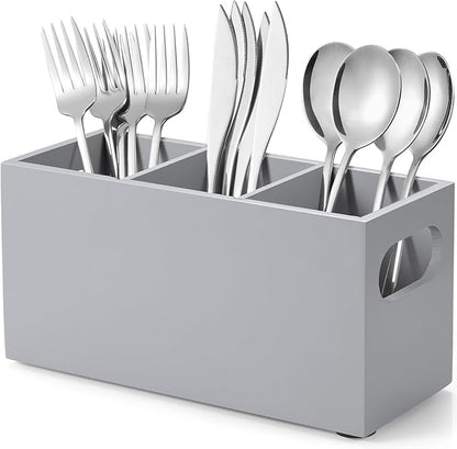 DRASTAR Wooden Silverware Caddy, Flatware Cutlery Holder, Kitchen Utensil Holder for Countertop, Silverware Organizer Containers for Party, Gray