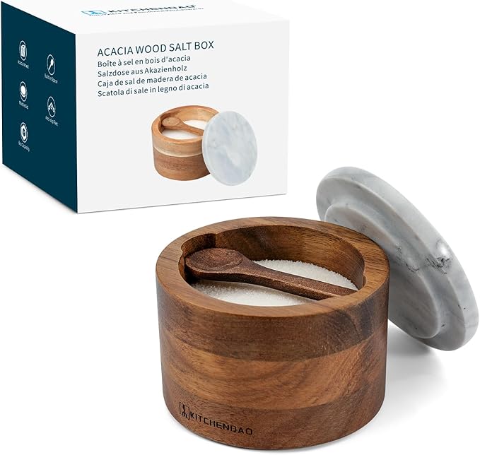 KITCHENDAO Acacia Salt Cellar Box Bowl with Built-in Spoon and Marble Lid, Solid Natural Acacia Wood Bath Sea Salt Container, Elegant Modern Grey and White Marble Lid Spice Bowl, 6oz Capacity