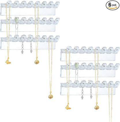 6 Pack Jewelry Organizer - Clear Wall-Mounted Holder, Easy to Install, 3.7" x 0.6", with 8 Hooks for Necklaces, Bracelets, Earrings, and Keys