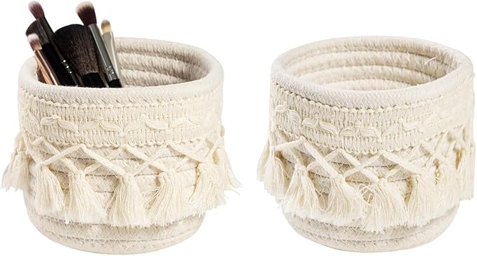 HEAVYWOOD Macrame Makeup Brush Holder Organizer 4.7''x3.9'' Mini Makeup Containers Boho Small Round Storage Basket Tassels Fringe Decorative Pencil Holder Set of 2 (4.7''x3.9'', Cream)
