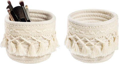 HEAVYWOOD Macrame Makeup Brush Holder Organizer 4.7''x3.9'' Mini Makeup Containers Boho Small Round Storage Basket Tassels Fringe Decorative Pencil Holder Set of 2 (4.7''x3.9'', Cream)