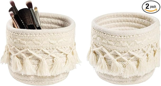 HEAVYWOOD Macrame Makeup Brush Holder Organizer 3.9x3.9 Mini Makeup Containers Boho Small Round Storage Basket Tassels Fringe Decorative Pencil Holder Set of 2 (Cream, 3.9x3.9)