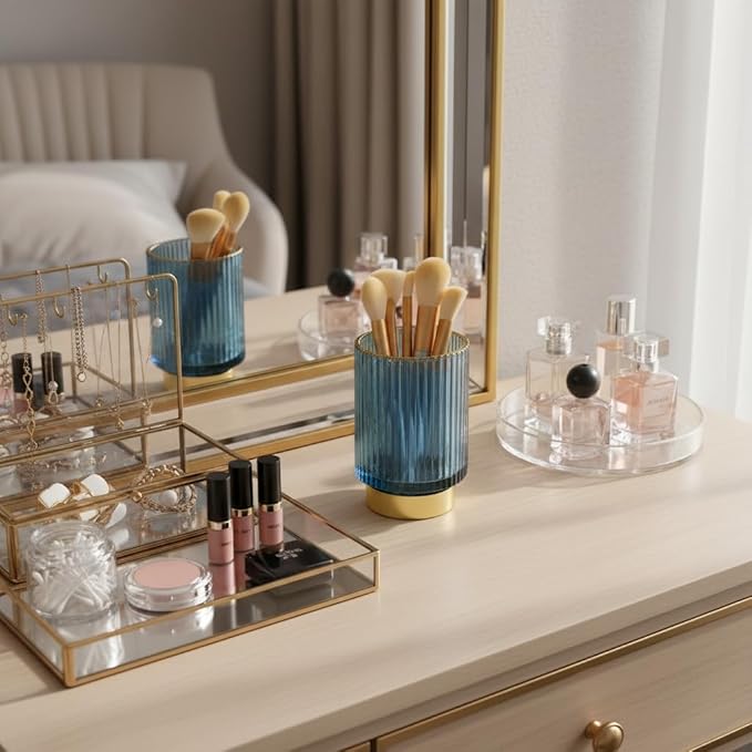Glass Makeup Brush Holder, Blue Makeup Brush Holder for Vanity, Toothbrush Holders for Bathrooms, Desktop Makeup Organizer for Cosmetic, Brushes, Pen, Pencil