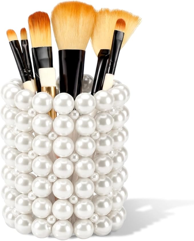 Domensi Pearl Makeup Brush Holder Clear Pencil Pen Holder Makeup Brush Storage Container Cup for Table, Dresser, Bathroom, Bedroom Organization