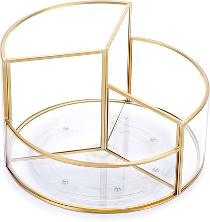 Hipiwe 360 Rotating Makeup Organizer 3-Slot Gold Glass Spinning Cosmetic Display Case Round Vanity Storage Holder Dresser Bathroom Organizer for Prefume Makeup Bushes Lipsticks
