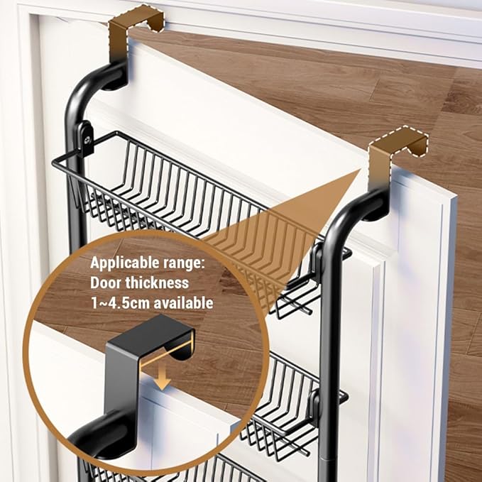 4 Layers Pantry over the Door Organizer with 2 suction cups, Metal over the Door Spice Rack with Adjustable Baskets, Behind Door Organizer Hanging- for Kitchen Laundry Bathroom (Black)