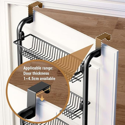 4 Layers Pantry over the Door Organizer with 2 suction cups, Metal over the Door Spice Rack with Adjustable Baskets, Behind Door Organizer Hanging- for Kitchen Laundry Bathroom (Black)